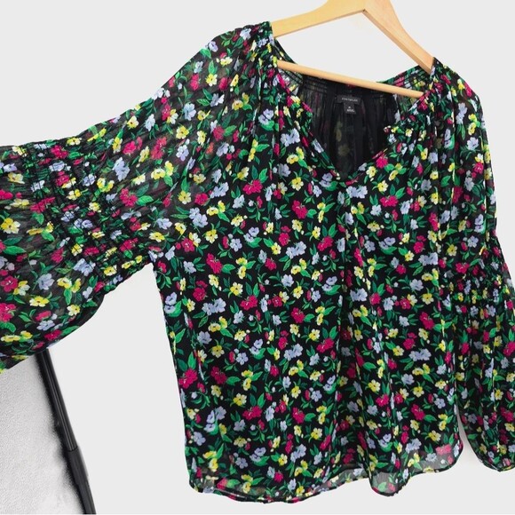 Ann Taylor Floral Balloon Sleeve Top XL Smocked Black Pink Chiffon Feminine - Picture 6 of 15